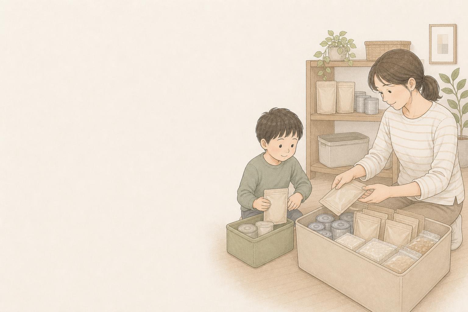 アレルギー対応の非常食は何を選ぶ?子ども家庭向け備蓄比較の手描き風イメージ画像