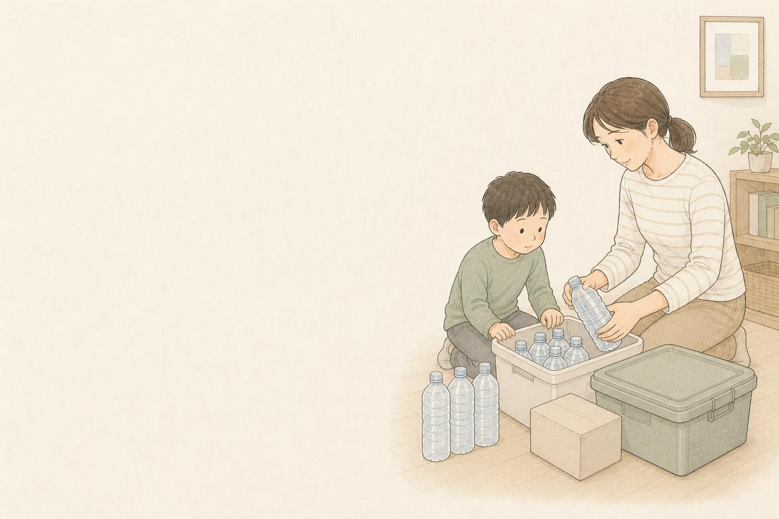 マンションの防災備蓄を収納ボックスへ整理する手描き風イメージ画像