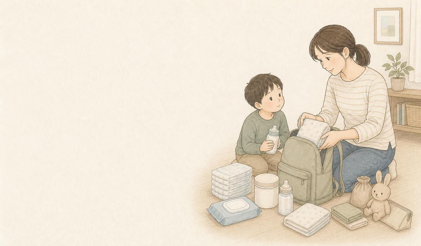 赤ちゃんがいる家庭が防災バッグを準備する手描き風イメージ画像