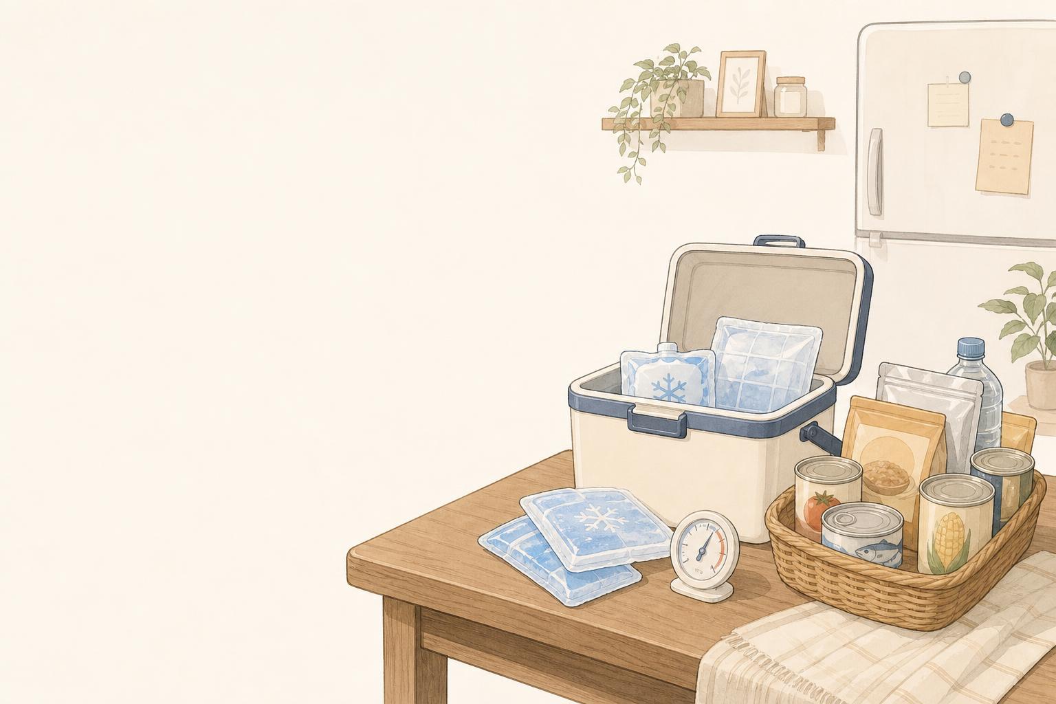停電時の冷蔵庫はどうする？家庭向け食材保冷グッズ比較の手描き風イメージ画像