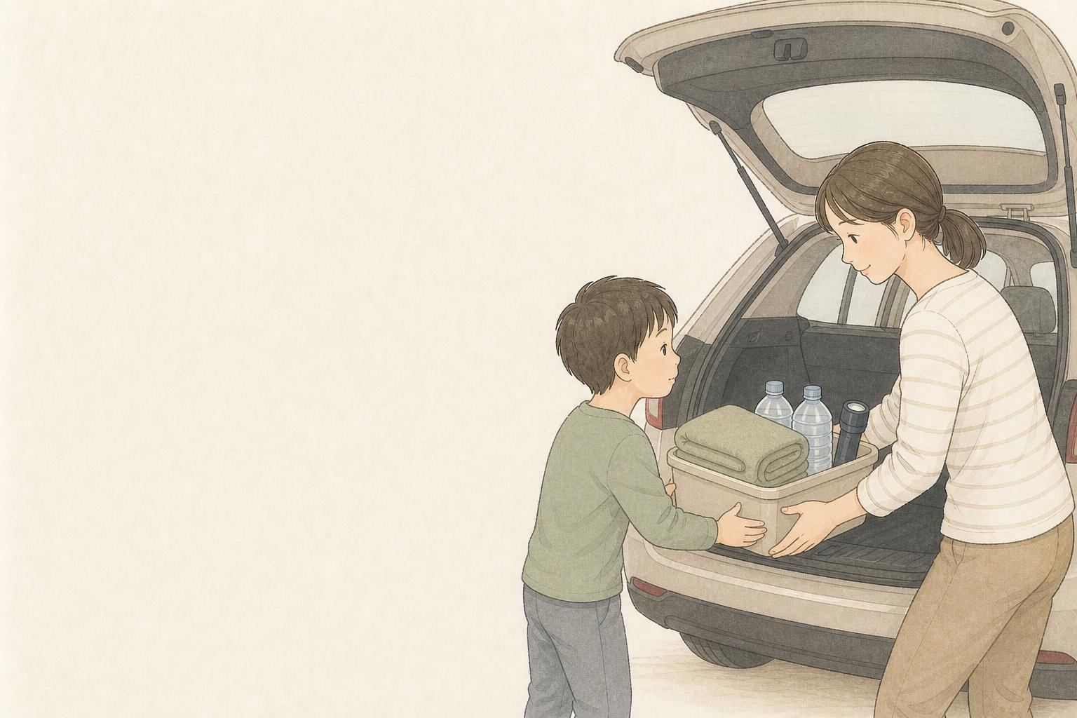 車に積む防災グッズは？家族向け車載セット比較の手描き風イメージ画像