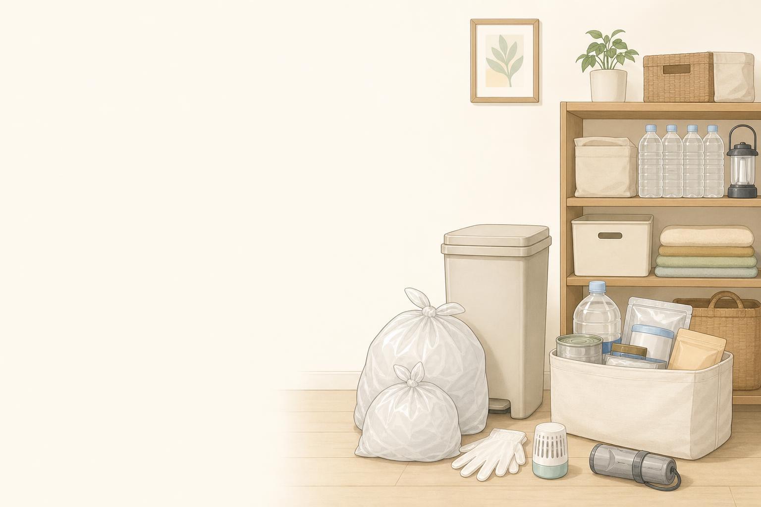災害時のゴミ臭い対策は何を置く？家庭向け防臭袋・保管用品比較の手描き風イメージ画像