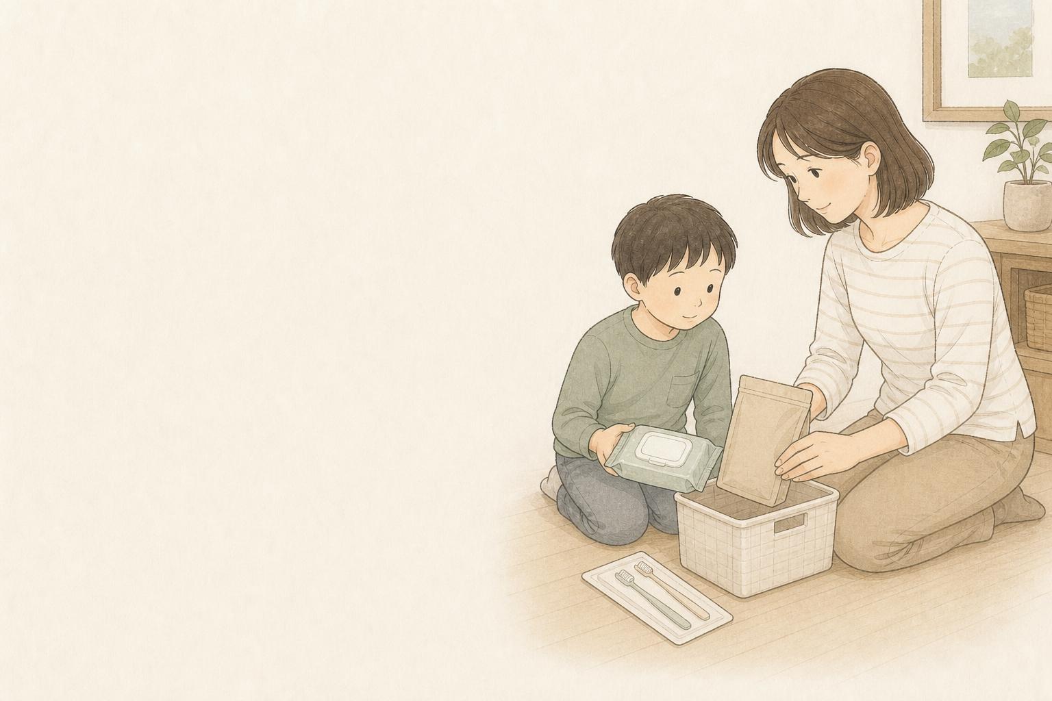 家族向けの防災衛生用品を並べた手描き風イメージ画像