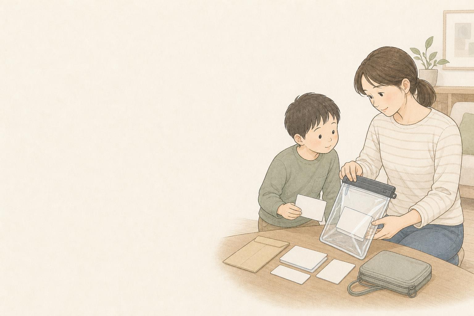 防災用の貴重品ポーチは何を入れる？家族の書類保管グッズ比較の手描き風イメージ画像