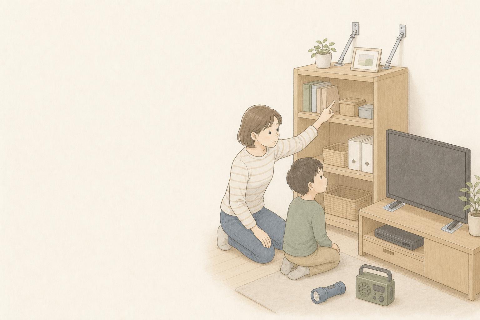 家具の転倒防止は何から？家庭向け地震対策グッズ比較の手描き風イメージ画像