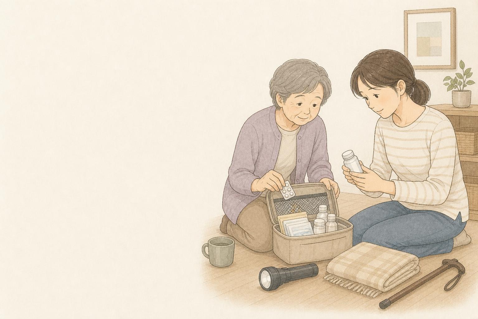 高齢者の防災グッズは何を足す?家庭向け備え比較の手描き風イメージ画像