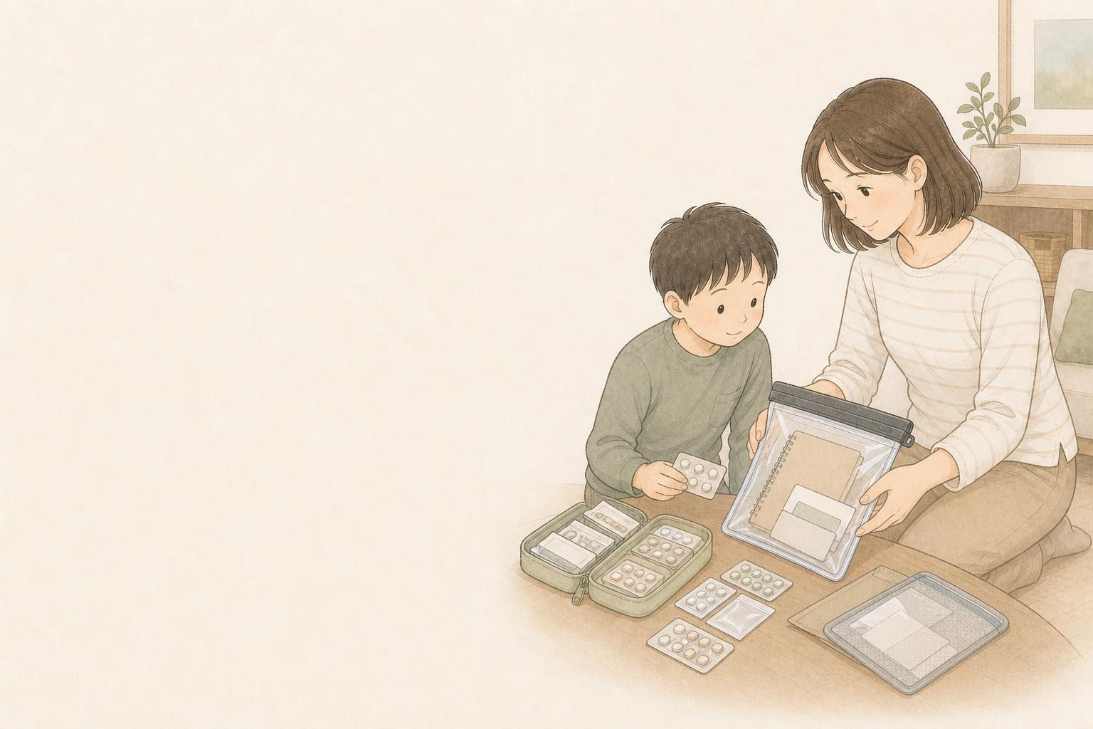 災害時の薬はどう備える?家庭向け常備薬・お薬手帳ケース比較の手描き風イメージ画像
