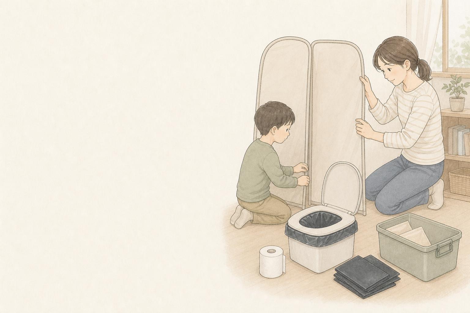 非常用トイレの目隠しはどうする？家庭向けプライバシー用品比較の手描き風イメージ画像