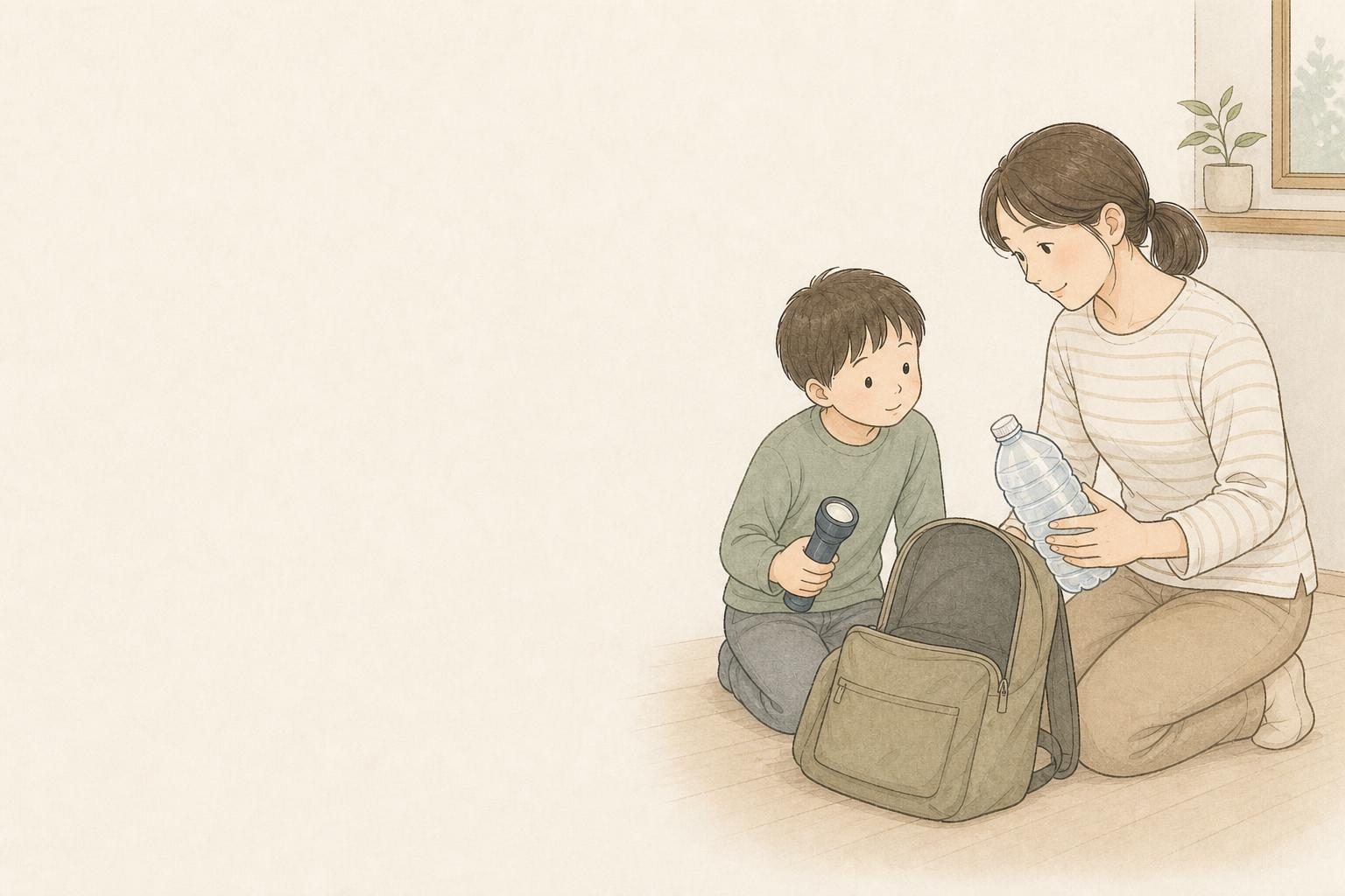 防災リュックの中身は？4人家族向け持ち出し用品比較の手描き風イメージ画像