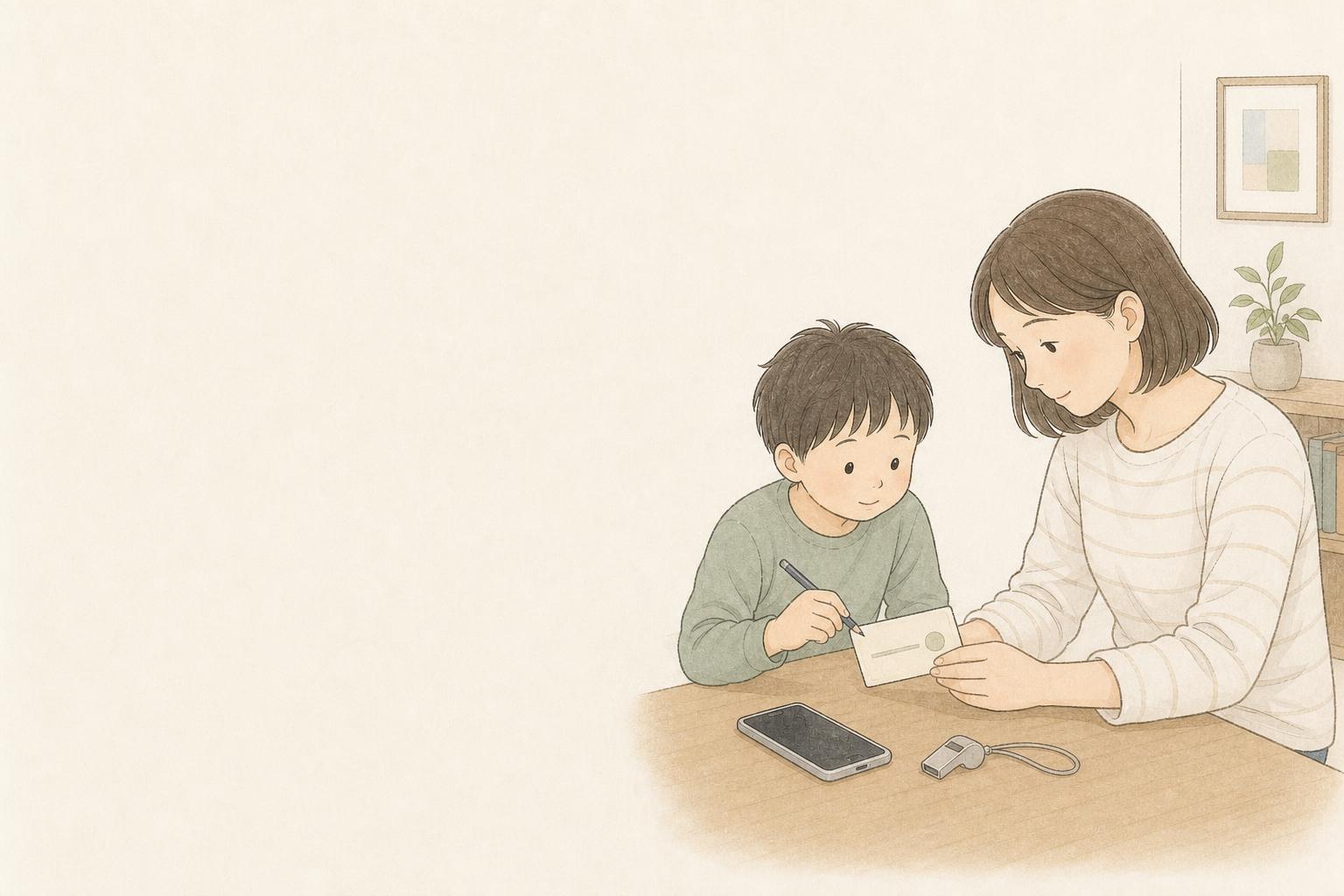 家族の防災連絡カードと連絡用品を準備する手描き風イメージ画像