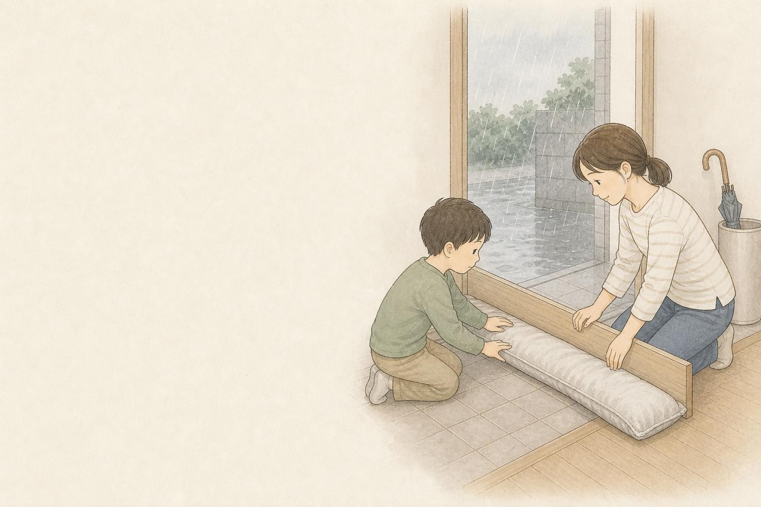 浸水対策グッズは何を置く?家庭向け土のう・止水板比較の手描き風イメージ画像
