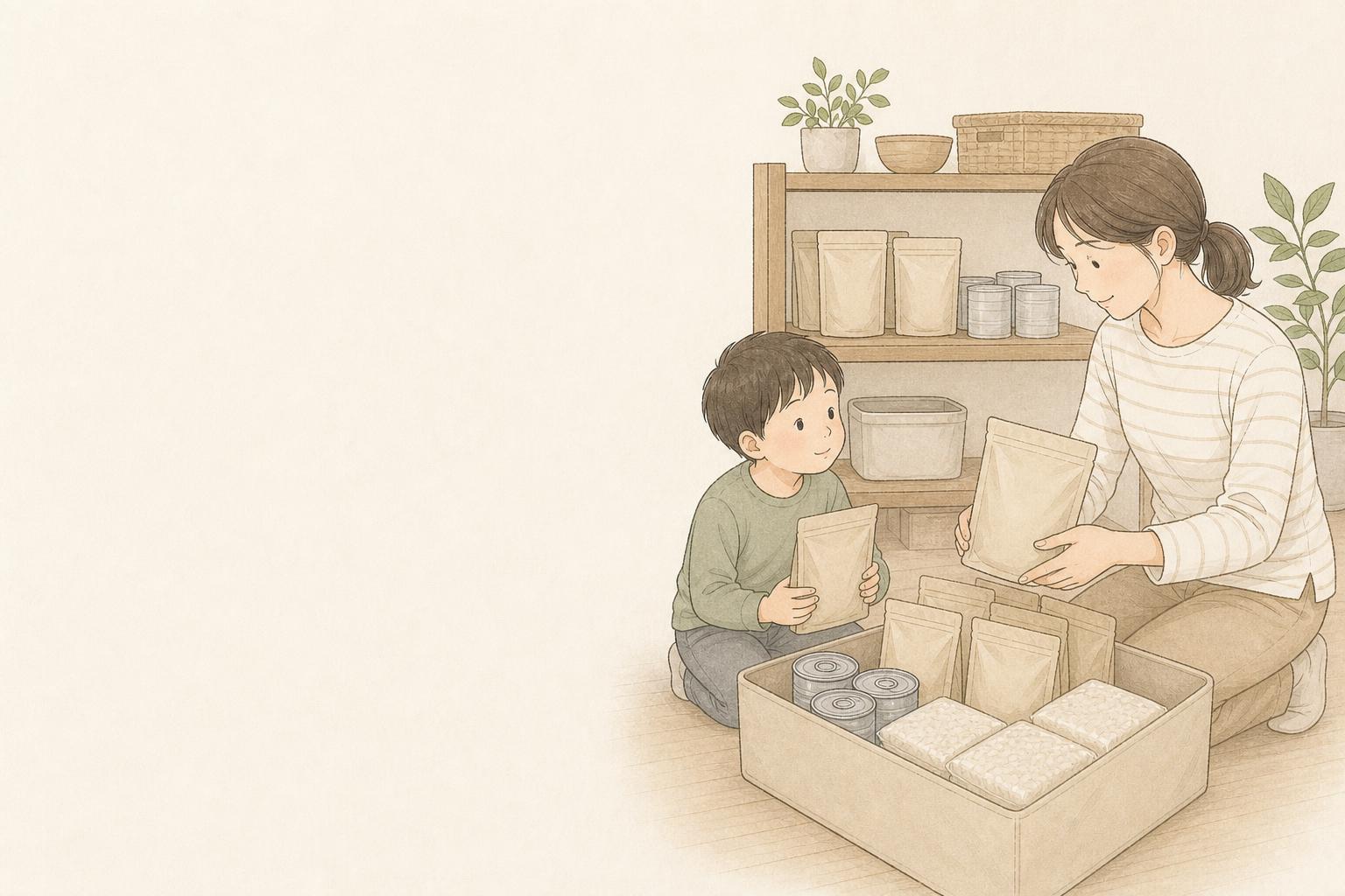 ローリングストックは何を買う?家族向け食品備蓄比較の手描き風イメージ画像