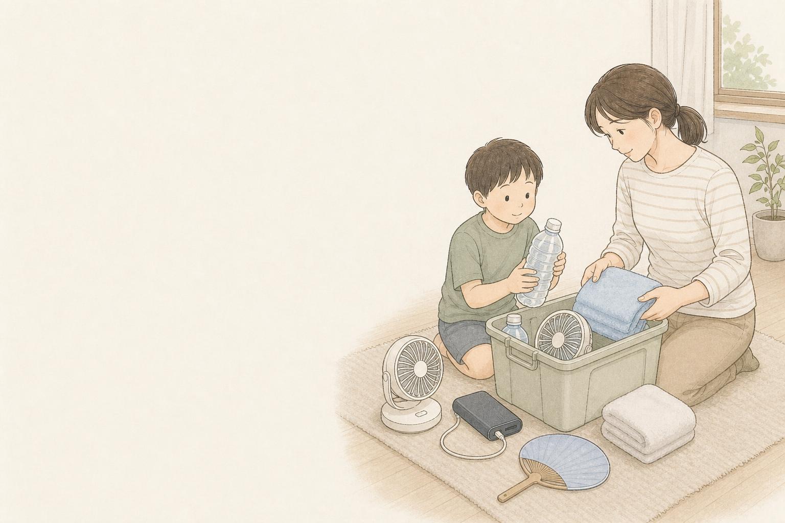 夏の停電で暑さ対策をする子育て家庭の手描き風イメージ画像