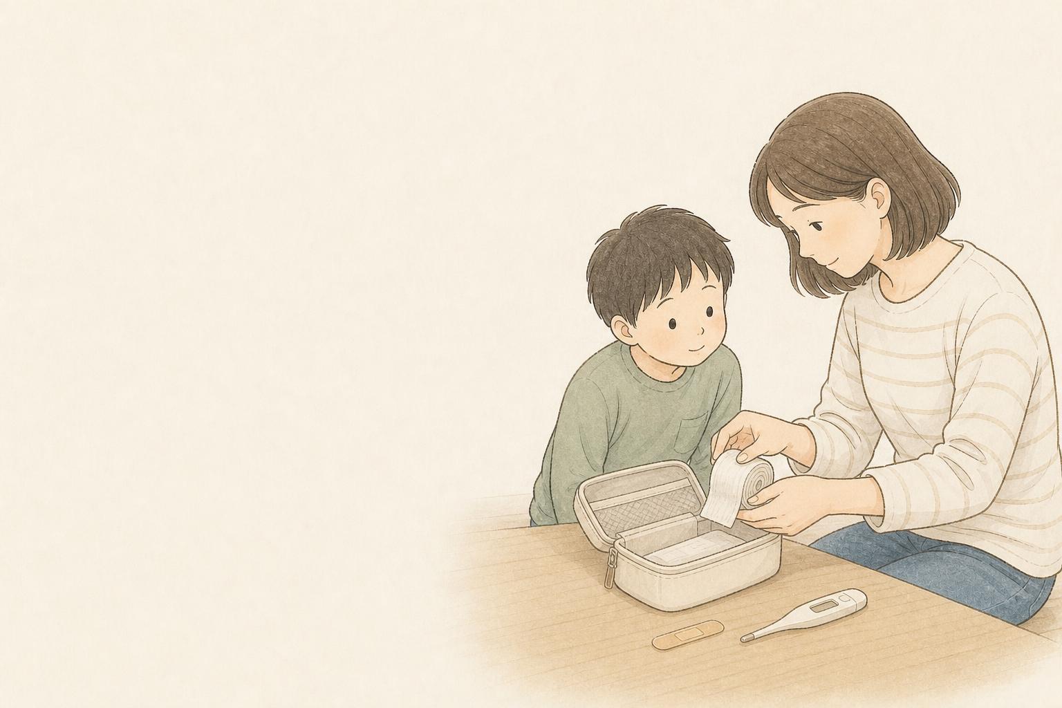 家庭用救急セットの中身は?子ども家庭向け備え比較の手描き風イメージ画像