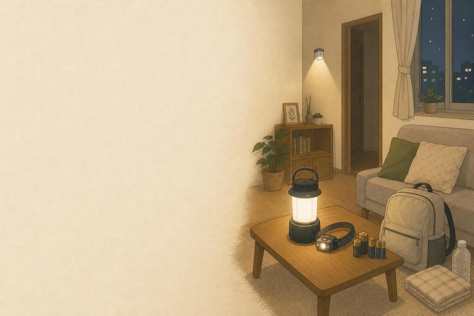 停電時のランタンはどこに置く？家庭向けLEDライト配置比較の手描き風イメージ画像