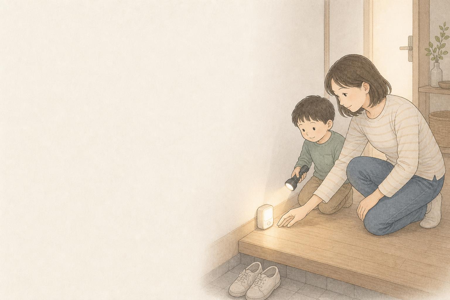 停電時の防犯ライトは何を置く？家庭向け足元・玄関ライト比較の手描き風イメージ画像