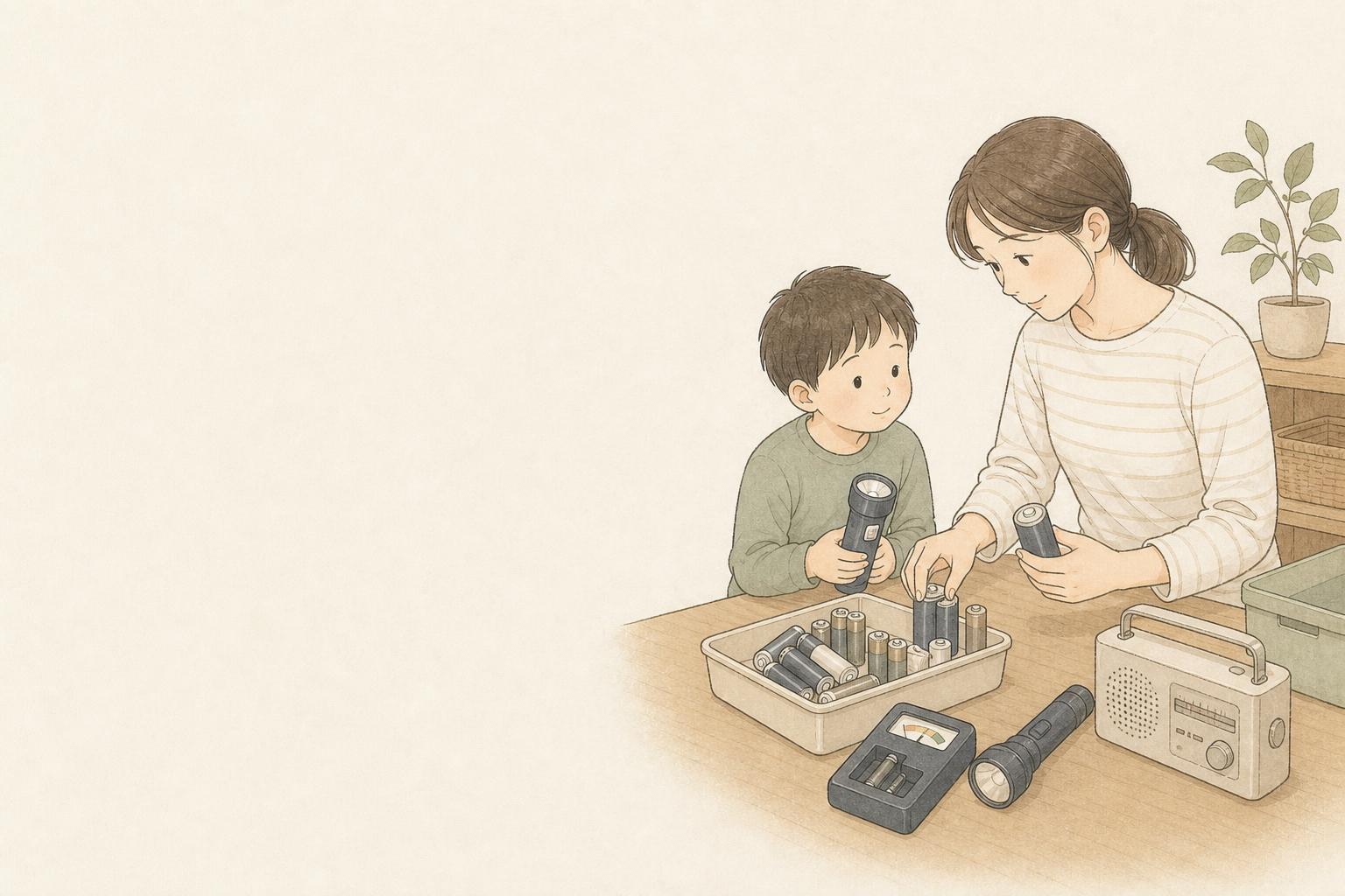 防災用の乾電池は何本必要？家庭向け保管・点検グッズ比較の手描き風イメージ画像