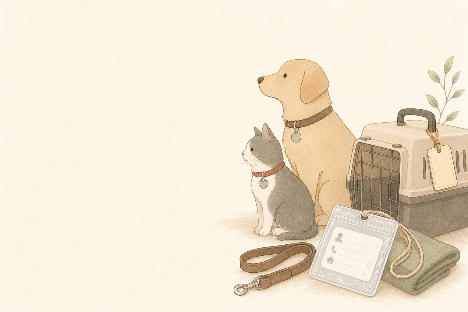 ペット防災の迷子対策は何をする?犬猫向け迷子札・連絡用品比較の手描き風イメージ画像