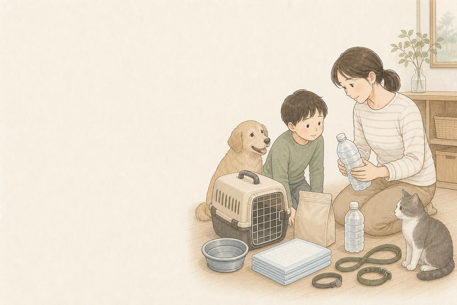 犬猫と暮らす家庭が防災用品を準備する手描き風イメージ画像