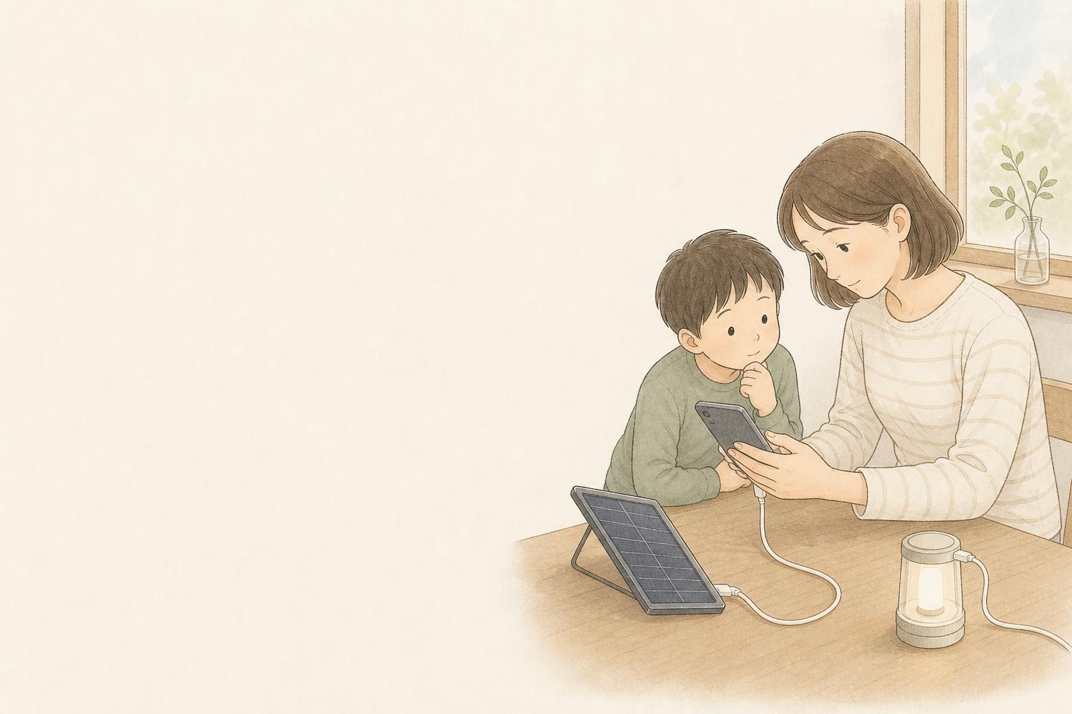 防災用ソーラー充電器は必要?家庭向けモバイル電源比較の手描き風イメージ画像