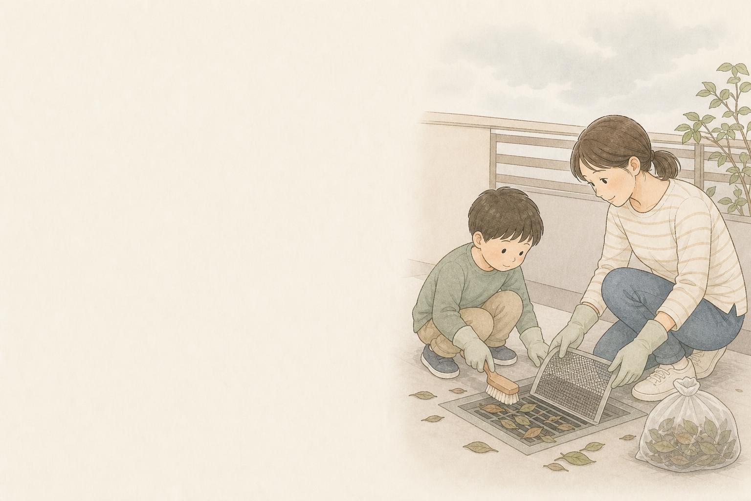 大雨前の排水口掃除は何を使う?家庭向け雨どい・ベランダ対策比較の手描き風イメージ画像
