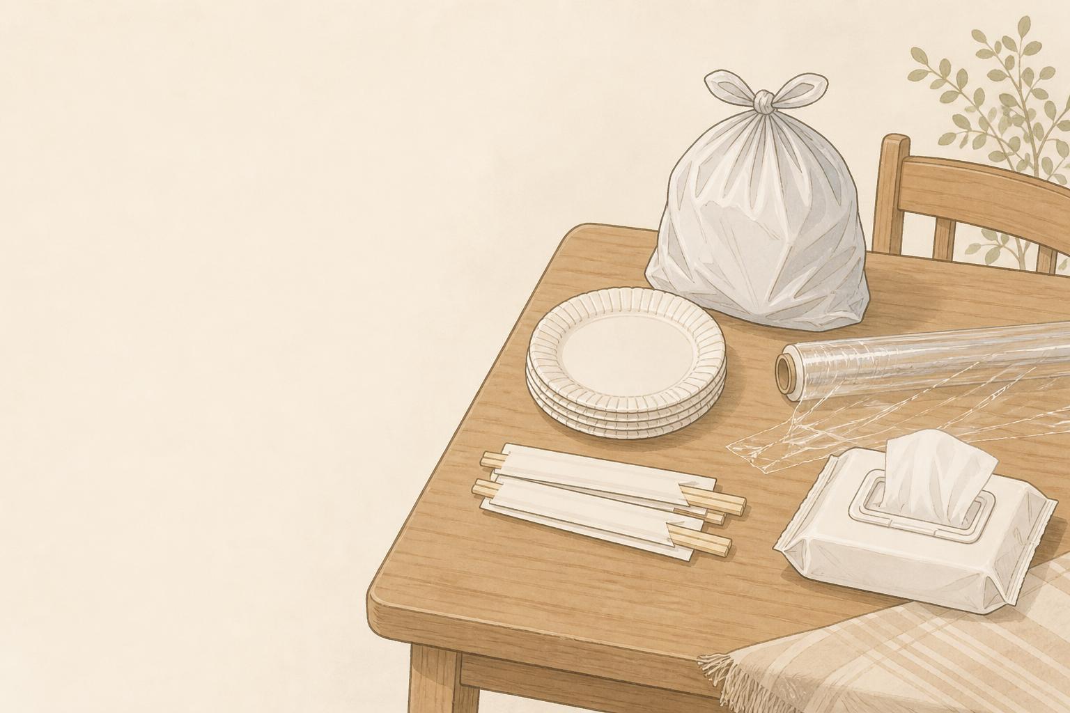 断水で食器が洗えない時どうする？家庭向け紙皿・ラップ比較の手描き風イメージ画像
