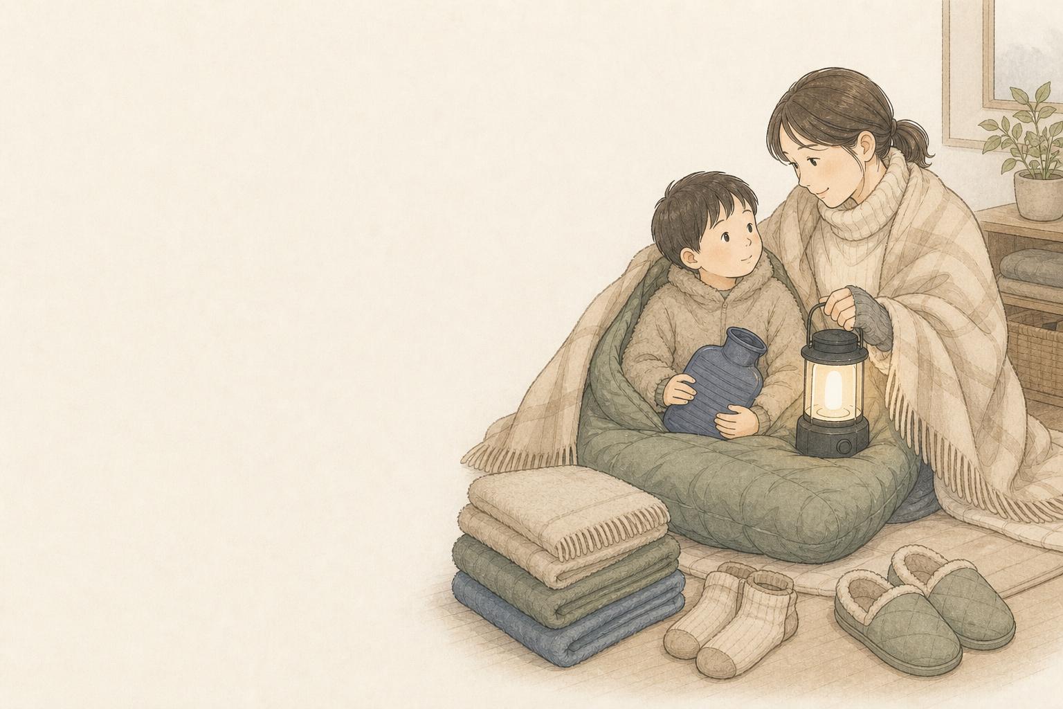 冬の停電で家族が寒さ対策をする手描き風イメージ画像